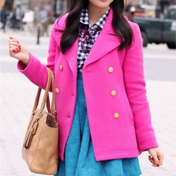 J Crew Majesty Coat Peacoat Fuchsia Pink Wool Stadium Cloth Double Breasted Sz 0 - Picture 3 of 10